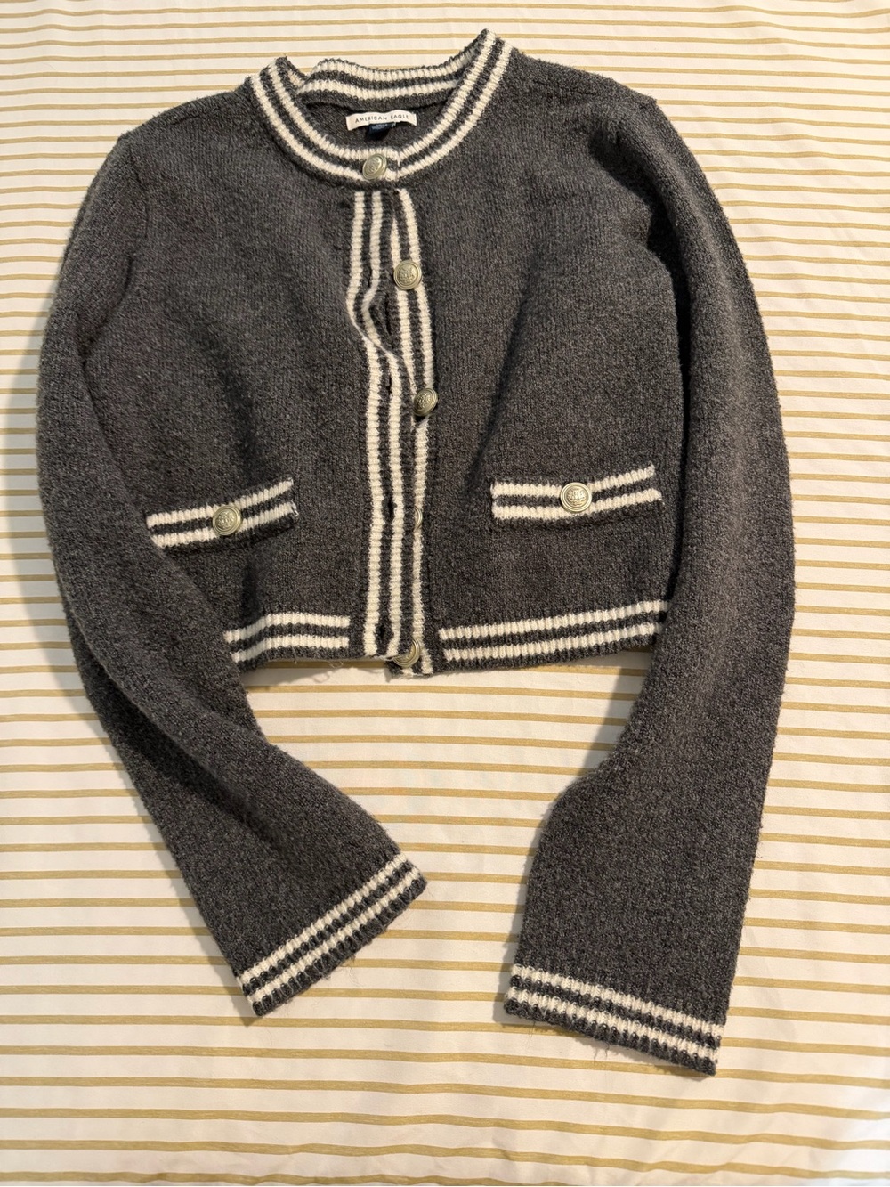American Eagle Outfitters Charcoal Gray Cropped Cardigan with Ivory Trim